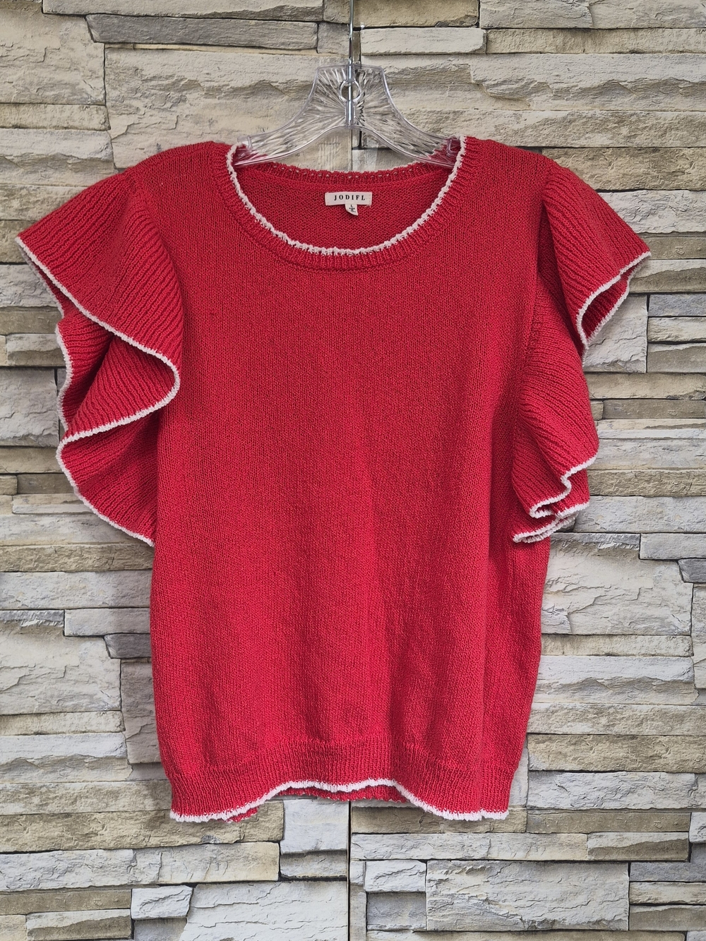 Jodifl Ruffle Knit Sweater Womens Size Large Red Short Sleeve Cute Preppy Office